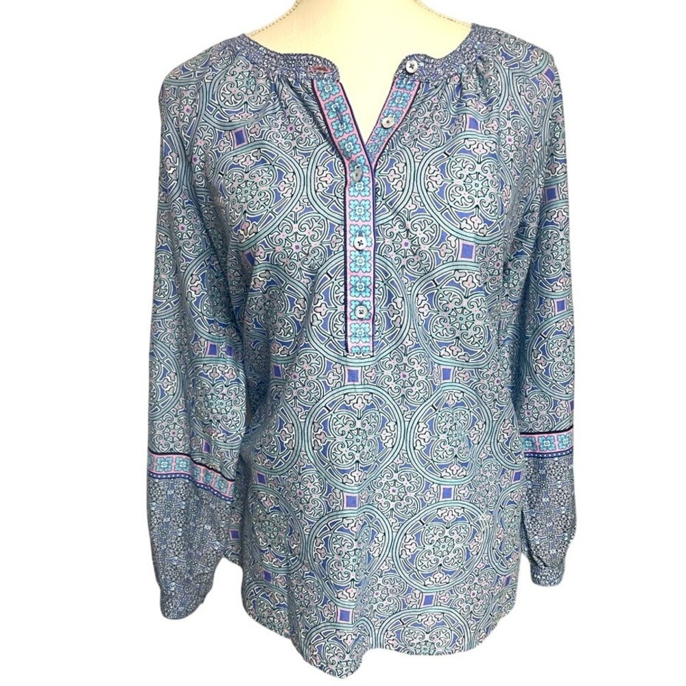Talbots Stained Glass Medallion Pastel Button Down Peasant Blouse Women's Medium